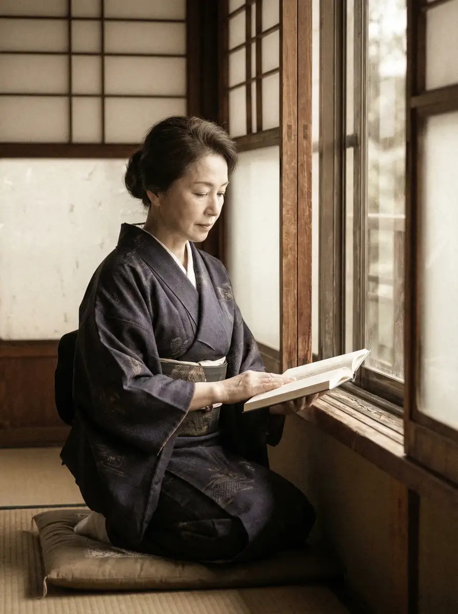 一位优雅的五十岁 集芳阁-热门美女写真|最新写真高清下载|免费视频平台 身穿深蓝色和服，在窗边静读